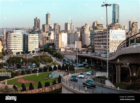 Beirut city skyline. Modern buildings, old buildings, military ...