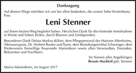 Traueranzeigen Von Leni Stenner Vrm Trauer De