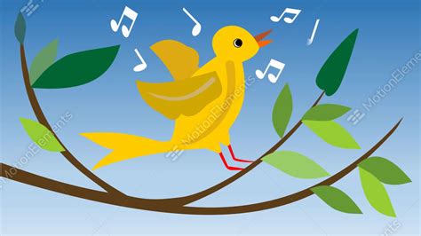 Animated Yellow Canary-bird. Singing Canary-bird On Branch With Green ...