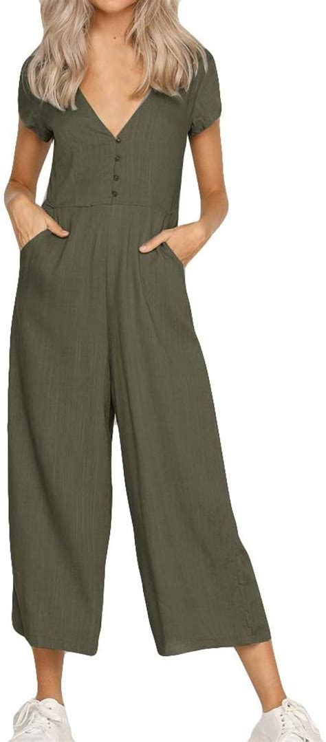 Jumpsuit Damen Sommer，v Ausschnitt Overall Leinen Elegant Lang Weites Bein Hohe Taille Kurzarm