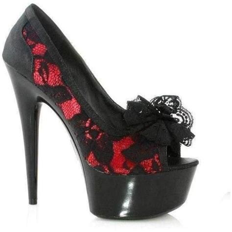 Black And Red High Heeled Shoe With Lace On The Platform Featuring An