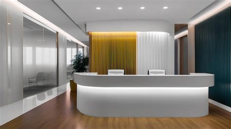 Premium Photo A White Reception Desk In A Modern Office With A Wooden