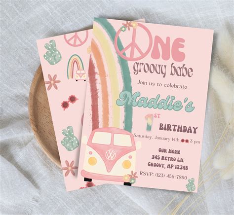 One Groovy Babe Birthday Invitation First Birthday Rainbow Boho Retro Etsy