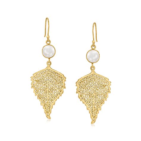 7 5 8mm Cultured Button Pearl Leaf Drop Earrings In 18kt Gold Over