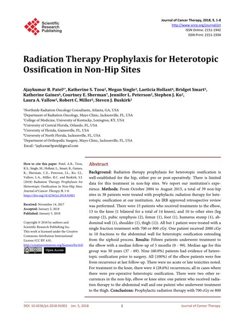 Pdf Radiation Therapy Prophylaxis For Heterotopic Ossification In Non Hip Sites