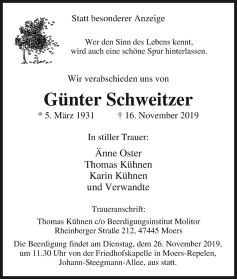 Traueranzeigen von Günter Schweitzer Trauer in NRW de