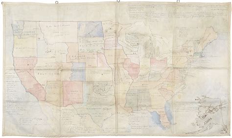 Hand-drawn map of the United States on cloth, describing the missionary activities of the ...