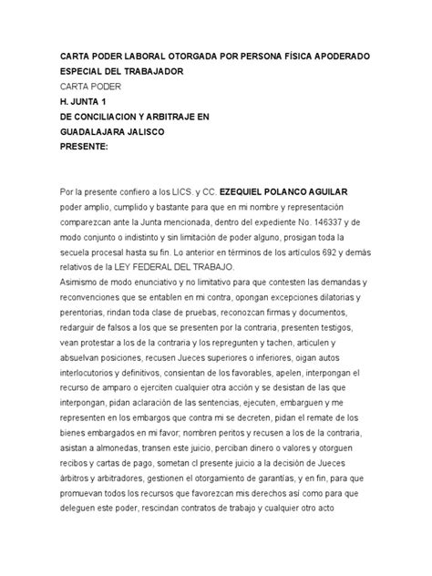 Carta Poder Laboral Otorgada Por Persona Física Apoderado Especial Del Trabajador Pdf Ley