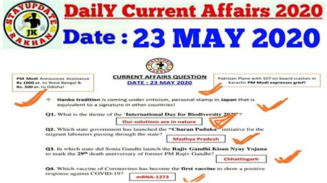 Daily Current Affairs Questions Of 23 May 20200 Youtube