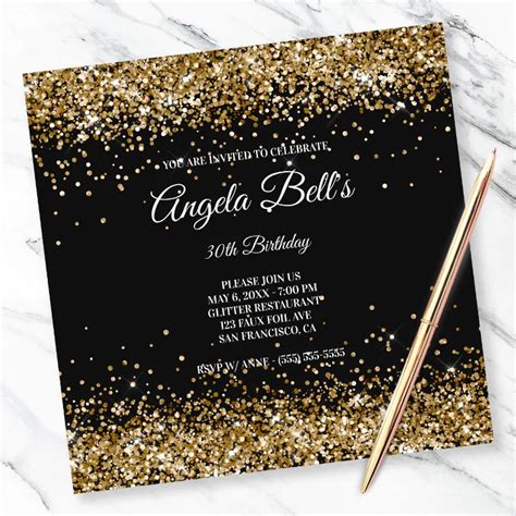 Faux Sparkly Gold Glitter Black Invitation Zazzle