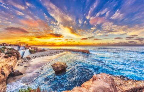 Wallpaper beach, sunset, the ocean, rocks, coast, CA, Pacific Ocean, California, San Diego, The ...