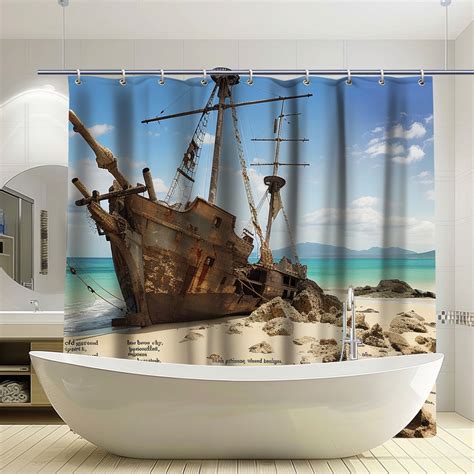 Hyperrealistic Old Shipwreck Beach Scene Shower Curtain Theme Design