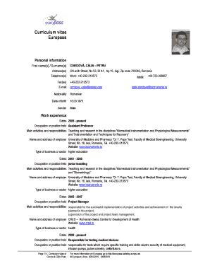 Fillable Online Curriculum Vitae Europass Gr T Popa Fax Email Print