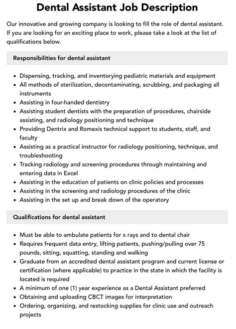 Dental Assistant Job Description Velvet Jobs