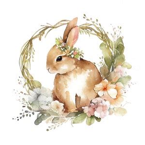 Bunnies With Flower Wreaths Clipart High Quality Jpgs Digital