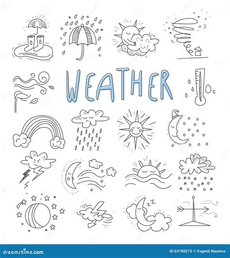 Hand Draw Cartoon Weather Events Doodle Icons Stock Vector