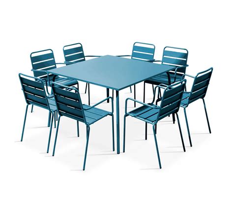 Palavas Ensemble Table De Jardin Carrée Et 8 Fauteuils En Métal Bleu