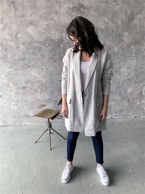 Long Linen Jacket With Button Pockets And Collar Light Grey Soft