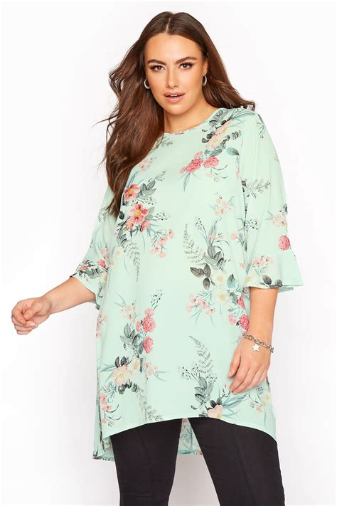 Yours London Sage Green Floral Flute Sleeve Tunic Yours Clothing