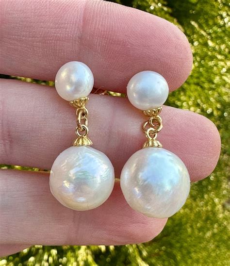 14k Gold Baroque Freshwater Pearl Drop Earrings Gem