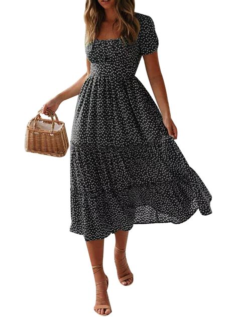 Dymade Womens Boho Floral Print Summer Short Sleeve Midi Swing Dress