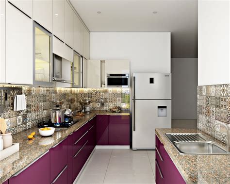 Contemporary L Shape Kitchen Design With Black Currant And Frosty White