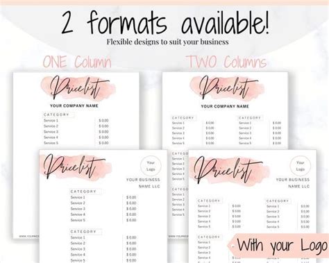 Beauty PRICE LIST Template Editable Printable Price Sheet Price Guide