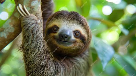 Premium Photo Cute Sloth Hanging On Tree Branch With Funny Face Look