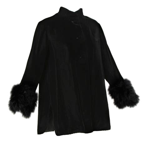 S Vintage Black Velvet Swing Jacket Or Coat With Marabou Feather