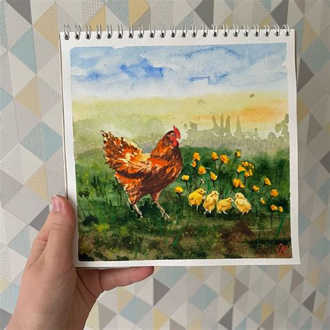 Деревенский полдень картина акварелью, курочка с цыплятами в одуванчик ...