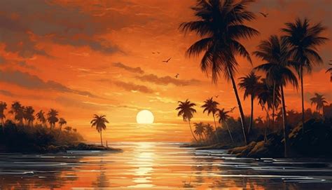 Premium AI Image | A painting of a beach with palm trees