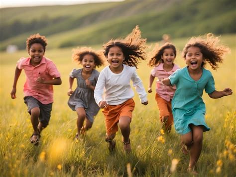 Grupo de niños jugando en el prado verde Foto Premium