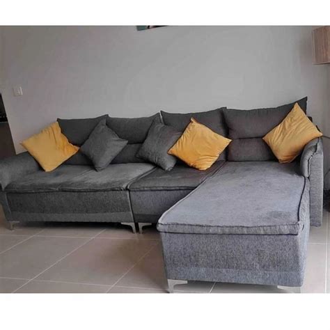 Wooden Velvet 5 Seater Grey L Shape Sofa Set With Lounger At Rs 21000