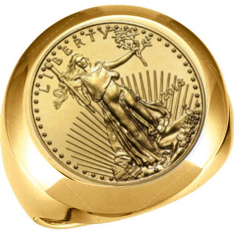 18k Gold Mens 20 00mm Coin Ring With A 1 10 Oz Gold American Eagle Gold Coin