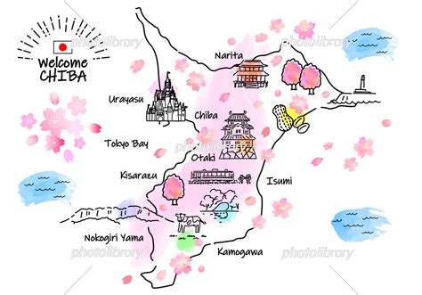 春の千葉県の観光地のシンプル線画イラストマップ（ピンク） イラスト素材 7209196 フォトライブラリー Photolibrary