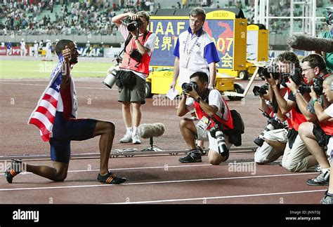 Osaka Japan American Tyson Gay Poses For Photographers After Winning A Second Gold Medal With
