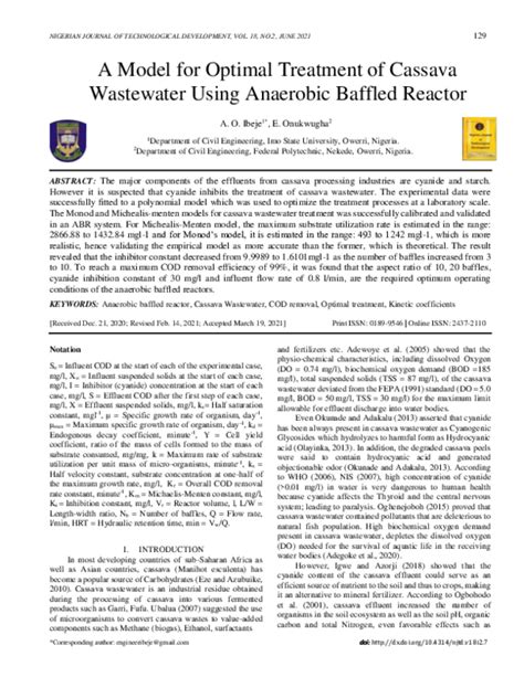 Pdf A Model For Optimal Treatment Of Cassava Wastewater Using