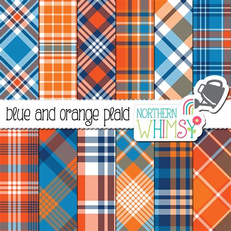 Blue And Orange Plaid Digital Paper Northern Whimsy Design Orange