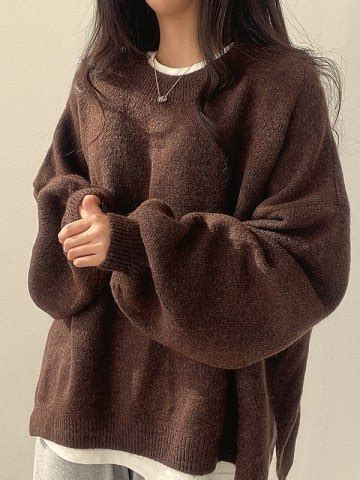 Emmiol Free Shipping Oversized Split Hem Pullover Sweater Coffee