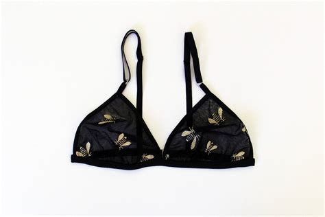 Embroidered Bee Lingerie Set Triangle Bra Bees Black Etsy