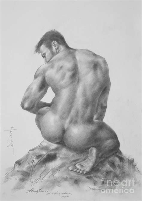 Original Charcoal Drawing Art Male Nude On Paper Drawing By