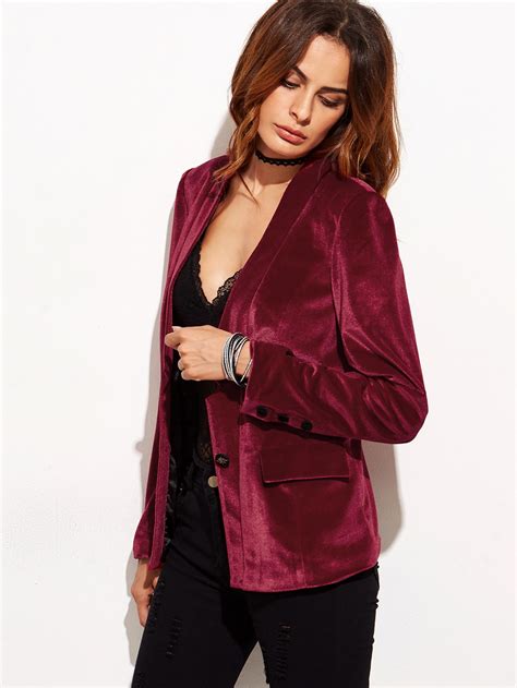 One Button Notched Collarless Velvet Blazer Sheinsheinside