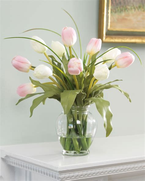 Lifelike Pink And White Silk Tulip Accent Arrangement Set In Acrylic