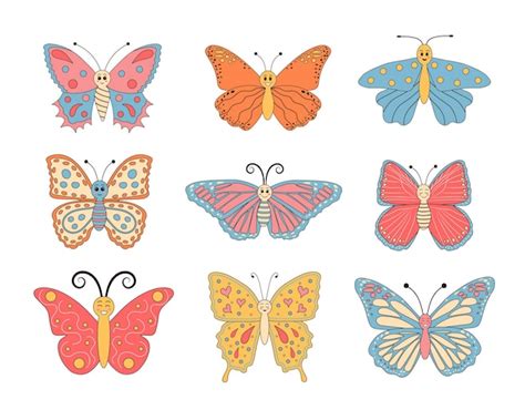 Premium Vector Groovy Retro Cartoon Butterfly Set In 60s 70s Style