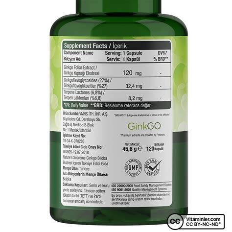 Nature s Supreme Ginkgo Biloba 120 Mg 120 Kapsül Vitaminler