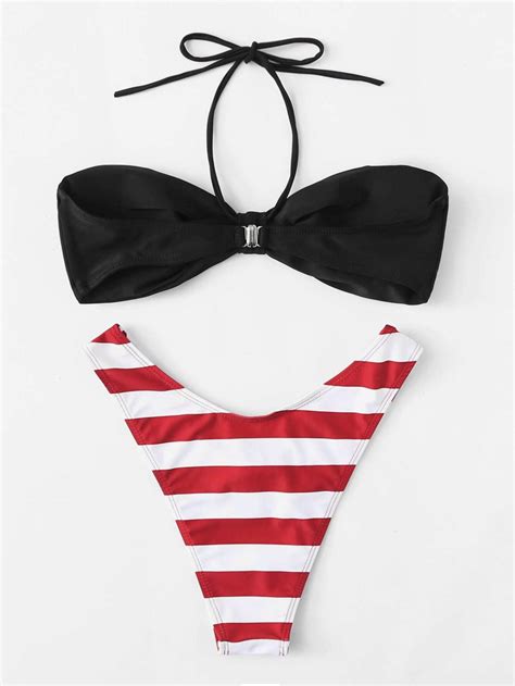 Striped Mix Match High Leg Bikini Set SheIn Sheinside