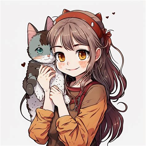 Premium AI Image | anime girl holding a cat with a brown and white cat on her shoulder generative ai