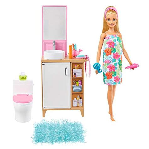 Barbie Mobilier coffret Salle de Bain avec poupée blonde wc coiffeuse