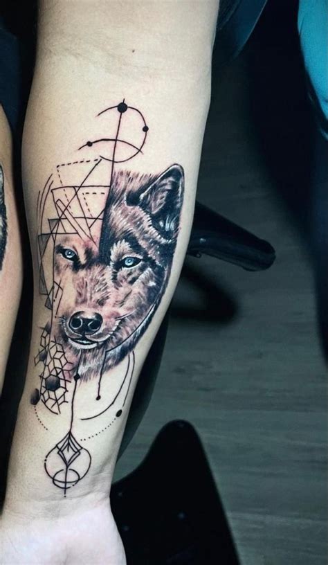 Two Tattoos On The Arms Of People With Wolfs And Geometrical Shapes In Them