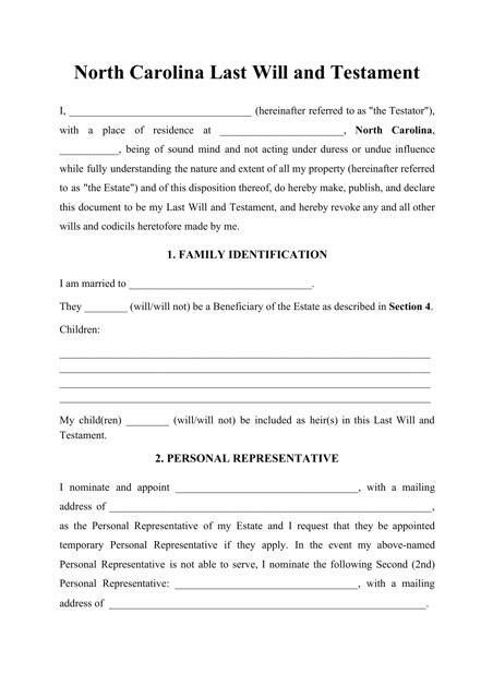 North Carolina Last Will And Testament Template Download Printable Pdf